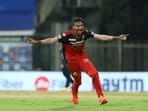 Chennai: Shahbaz Ahmed of Royal Challengers Bangalore celebrates the wicket of Abdul Samad of Sunrisers Hyderabad during Indian Premier League cricket match between Sunrisers Hyderabad and Royal Challengers Bangalore at the M. A. Chidambaram Stadium, in Chennai, Wednesday, April 14, 2021. (PTI Photo/Sportzpics) (PTI04_14_2021_000282B)