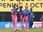 RR players celebrate a wicket during IPL 2021 match against DC