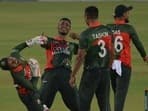 Bangladesh players celebrate against Sri Lanka.
