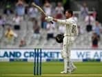 New Zealand's Devon Conway celebrates scoring a century during the first day of the Test match against England at Lord's