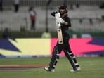 New Zealand's batter Devon Conway leaves the field after being dismissed by England's Liam Livingstone for 46 runs during the Cricket Twenty20 World Cup semi-final match between England and New Zealand in Abu Dhabi, UAE, Wednesday, Nov. 10, 2021.&nbsp;