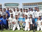 The Saurashtra cricket team after winning the Ranji Trophy.&nbsp;