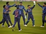 Indian players celebrate the dismissal of West Indies' Jason Holder during the third Twenty20 international