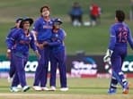India's Jhulan Goswami celebrates the dismissal of Pakistan's Nida Dar during the ICC Women's World Cup 2022 match.