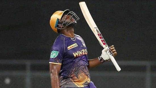 Kolkata Knight Riders Andre Russell celebrate his half century during the IPL 2022 match between Kolkata Knight Riders and Punjab Kings at Wankhede Stadium in Mumbai on Friday