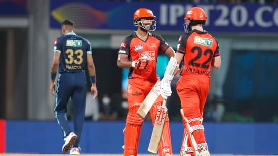 Kane Williamson and Rahul Tripathi of Sunrisers Hyderabad during match 21 of the Indian Premier League 2022
