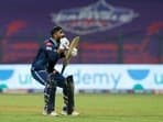 Rahul Tewatia of Gujarat Titans celebrates the team's win in the IPL 2022 match between GT and SRH