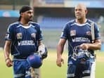 Harbhajan Singh and Andrew Symonds during a nets session during their stint with the Mumbai Indians.