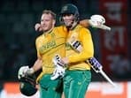South Africa's Rassie van der Dussen and David Miller celebrate after winning the 1st T20I match against India, at Arun Jaitley Stadium in New Delhi