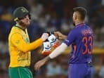 Heinrich Klaasen and Hardik Pandya during the 2nd T20I match between India and South Africa