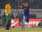 Harshal Patel delivers a ball during the third T20I against South Africa