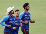 Indian cricket players Shreyas Iyer, Ishan Kishan and Arshdeep Singh during a practice session