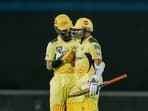 Robin Uthappa of Chennai Super Kings being greeted by teammate Moeen Ali