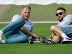 &nbsp;England's Ben Stokes and head coach Brendon McCullum (right) during practice Action
