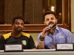 &nbsp;Muttiah Muralitharan (Manipal Tigers) and S Sreesanth (LNJ Bhilwara Kings) attend a press conference on the eve of Legends League Cricket match, in Kolkata, Thursday, Sept. 15, 2022.&nbsp;