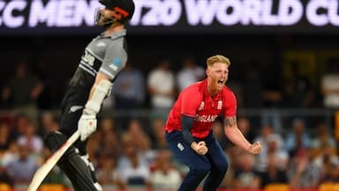 Ben Stokes celebrates the wicket of Kane Williamson during the T20 World Cup 2022 match between England and New Zealand at The Gabba