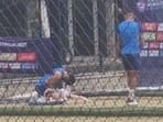 T20 World Cup 2022: Virat Kohli grimaces in pain during a nets session for Team India.