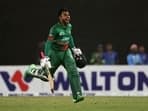 Mehidy Hasan Miraz celebrates after hitting the winning shot during the 1st ODI against India