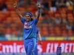 Shikha Pandey celebrates a wicket for India.