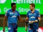 Kagiso Rabada (L) and Anrich Nortje play for Delhi Capitals in the IPL 