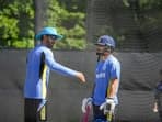 Indian batter Rinku Singh with Vikram Rathour during a training session for the T20 World Cup in New York.