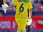 Australia's Beth Mooney raises her bat after completing fifty during the final match of ICC Women's T20 World Cup 2023 against South Africa, at Newlands, in Cape Town