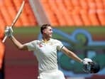 Cameron Green celebrates his century during Day 2 of the 4th Test between Australia and India at Narendra Modi Stadium in Ahmedabad