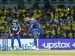 Krunal Pandya of Lucknow Super Giants bowls a delivery  during the Indian Premier League 