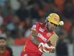 Shikhar Dhawan plays a shot during the IPL 2023 match between Sunrisers Hyderabad and Punjab Kings in Hyderabad.