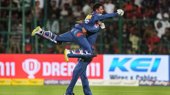 Lucknow Super Giants batter Ravi Bishnoi celebrates after winning the IPL 2023 match against Royal Challengers Bangalore