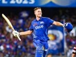 Mumbai Indians' Cameron Green celebrates his century in a match against Sunrisers Hyderabad in the Indian Premier League 2023