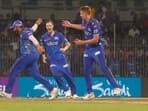 Mumbai Indians' skipper Rohit Sharma along with teammates celebrate a wicket during the Eliminator match against Lucknow Super Giants of the Indian Premier League 2023, at MA Chidambaram Stadium, in Chennai on Wednesday. (ANI Photo)