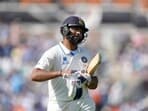 Rohit Sharma reacts after being given out lbw off the bowling of Australia's Nathan Lyon on the fourth day of the ICC World Test Championship Fina