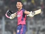 Rajasthan Royals player Yashasvi Jaiswal gesture after winning the match against Kolkata Knight Riders