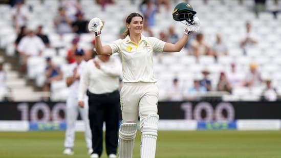 Australia's Annabel Sutherland celebrates her century during day two of the first Women's Ashes Test