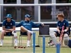 England Test captain Ben Stokes, head coach Brendon McCullum and Ollie Pope during practice