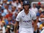 Ben Stokes reacts after being struck on the leg by a ball from Mitchell Starc