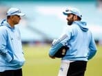 India's Rohit Sharma (R) with head coach Rahul Dravid during practice ahead of 2023 WTC Final