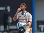 India's Virat Kohli celebrates his century on Day 2 of the 2nd Test match against West Indies