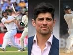 Alastair Cook (M) has noticed similarities in Zak Crawley (L) and Virender Sehwag's batting.