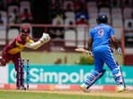 Sanju Samson is stumped by Nicholas Pooran during the second T20 match at Providence Stadium in Georgetown, Guyana