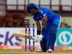 India's captain Hardik Pandya is bowled by West Indies' Alzarri Joseph.