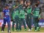 Pakistan's Shaheen Shah Afridi (2R) celebrates with teammates after taking the wicket of Nepal's captain Rohit Paudel (L) during the Asia Cup 2023