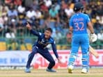 Dunith Wellalage appeals for LBW during the Asia Cup 2023 Super Four match between India and Sri Lanka