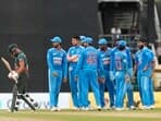 Shamim Hossain leaves after being dismissed as Indian players celebrate during Asia Cup