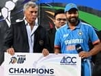 India captain Rohit Sharma receives the 'Champions' team award at the end of the Asia Cup 2023