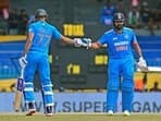 India's skipper Rohit Sharma and Shubman Gill fist bump each other during an Asia Cup 2023 match