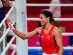 India's Lovlina Borgohain during the final match of women's 66kg-75kg category boxing event against China's Li Qian at the 19th Asian Games, in Hangzhou.