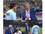 Neeraj Chopra having a chat with the officials during Asian Games 2023 men's javelin final