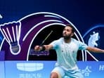 India's HS Prannoy in action against Malaysia's Lee Zii Jia during the Men's Singles Quarterfinal badminton match at the 19th Asian Games.